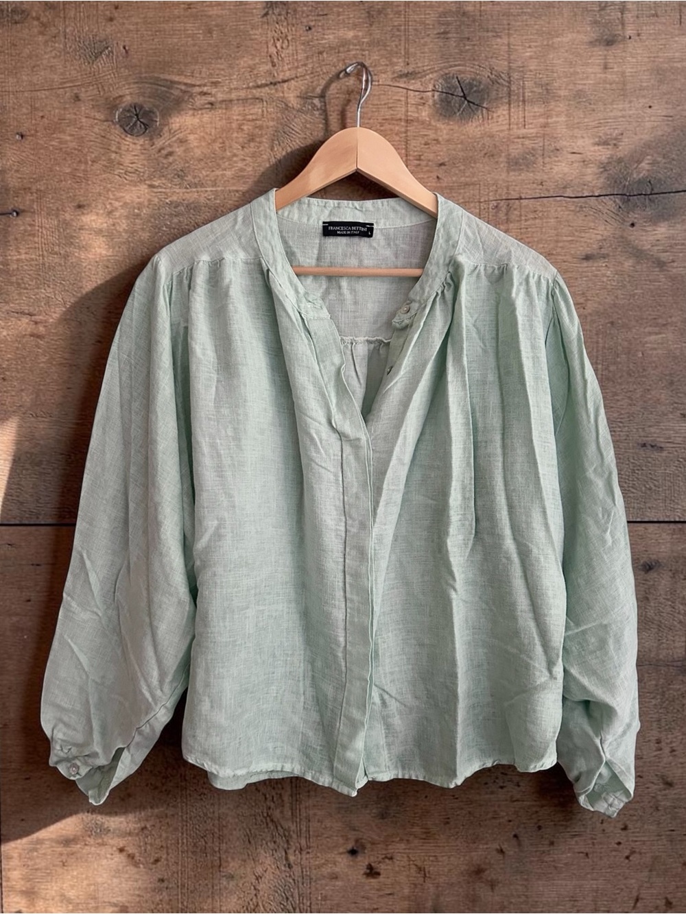 Francesca Bettini Italy Linen Viscose Poet Blouse Sea Green Sz Large Semi Sheer